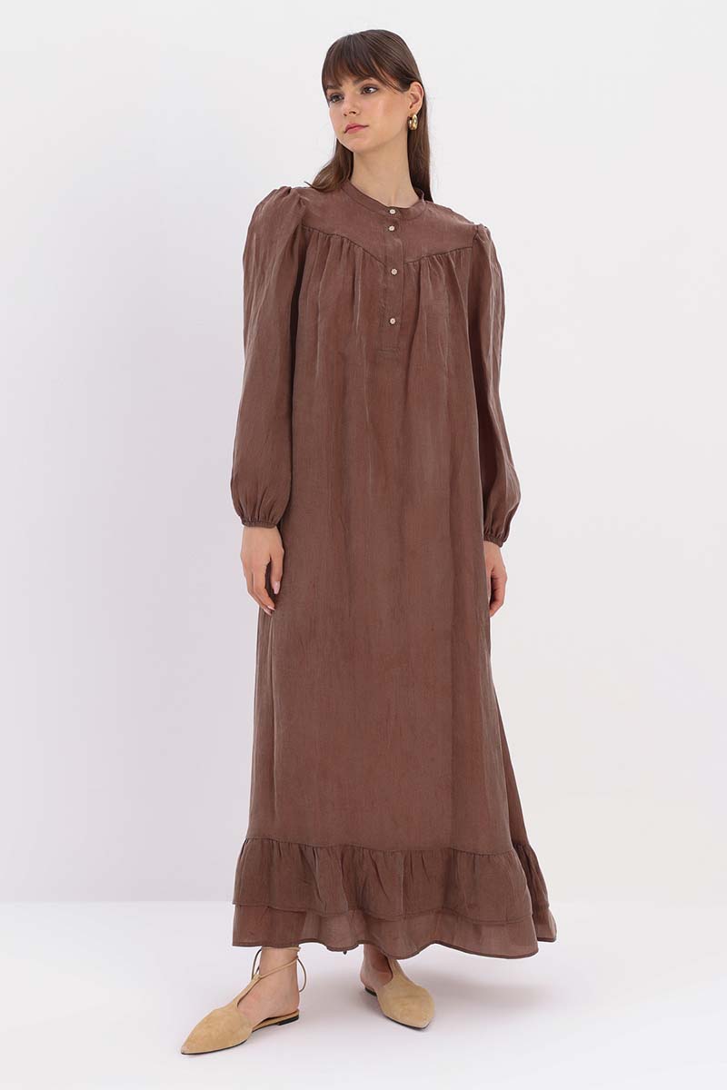 Shirring Detailed Metal Buttoned Dress