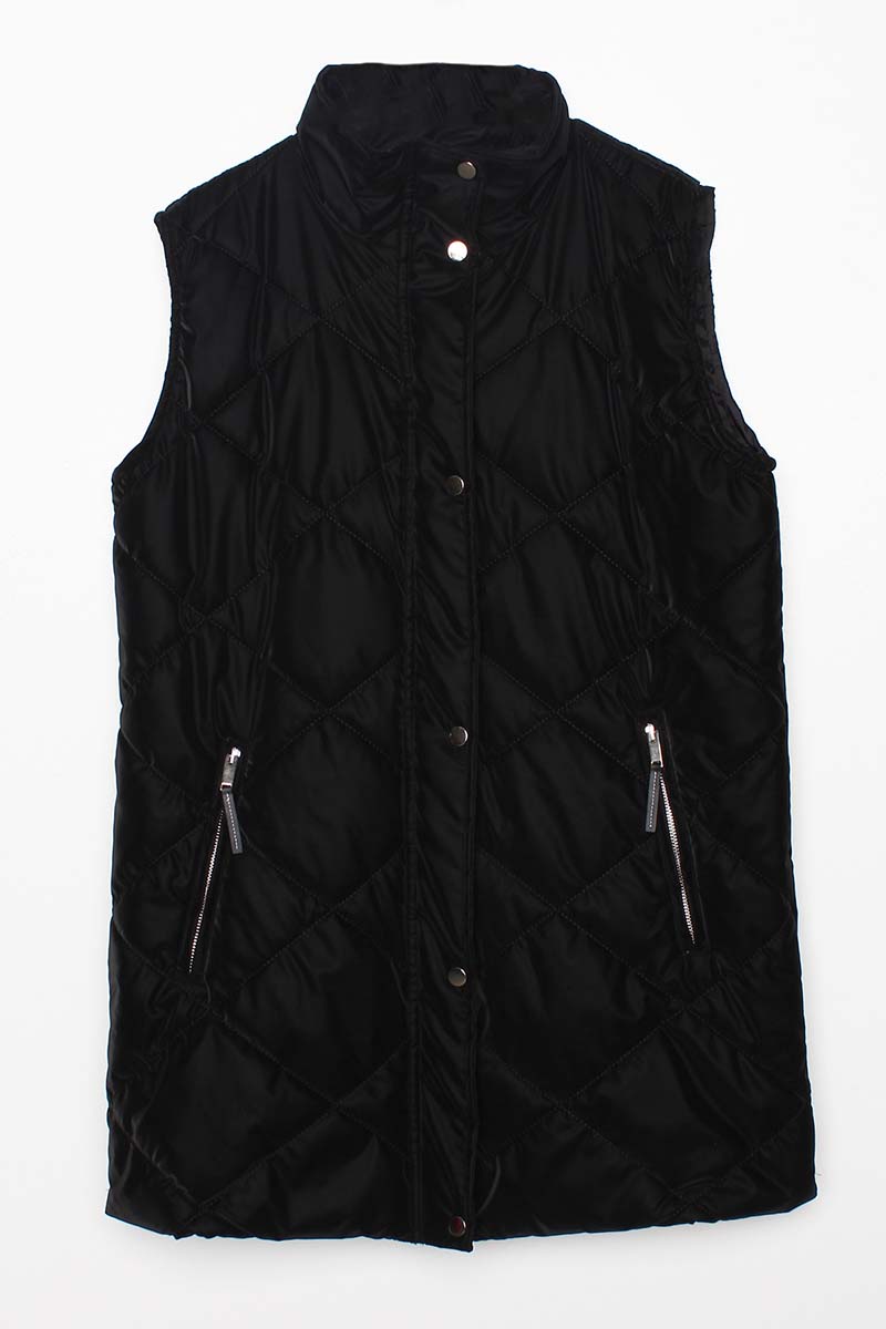 Quilted Puffer Vest with Snap Fastener and Zipper