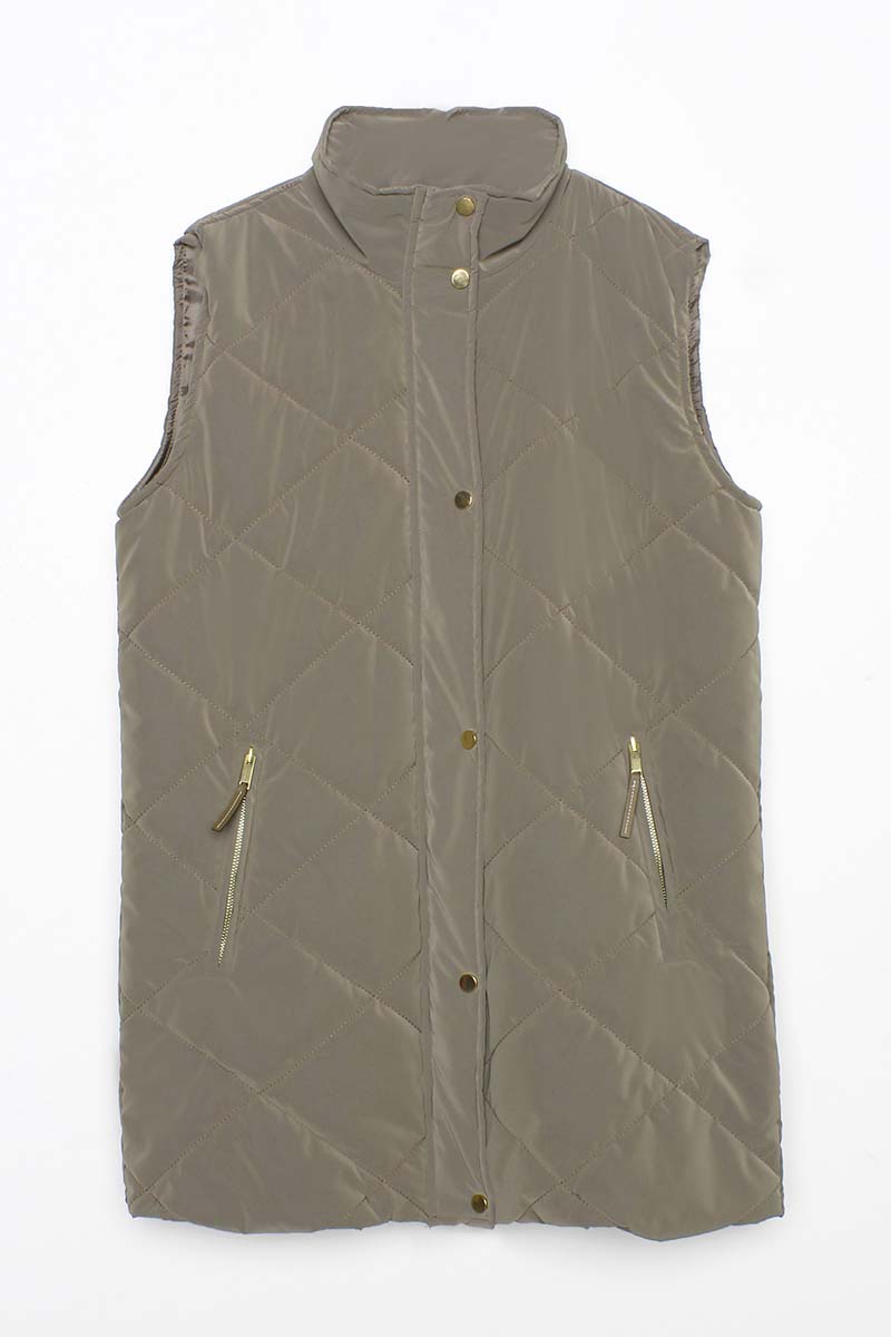 Quilted Puffer Vest with Snap Fastener and Zipper