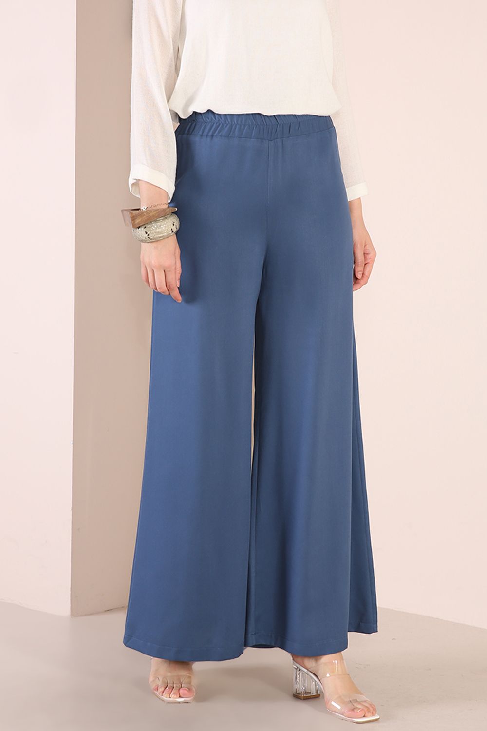 Denim Wide Leg Hijab Pants - 5377 | Ekru Moda