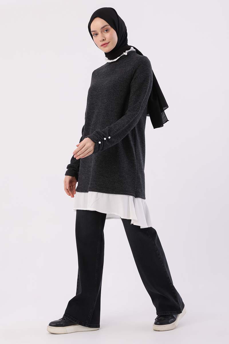 Woven Foulard Garnished Tunic With Pearls Sleeves