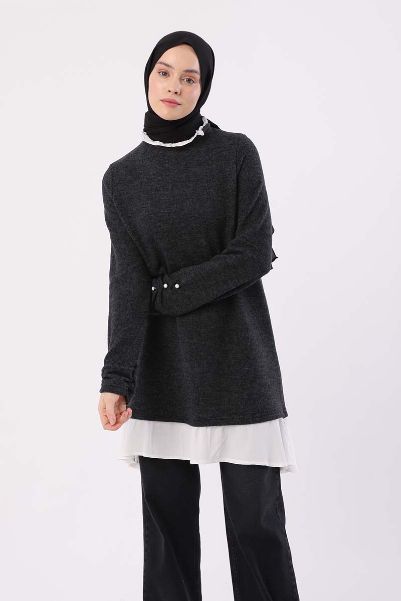 Woven Foulard Garnished Tunic With Pearls Sleeves