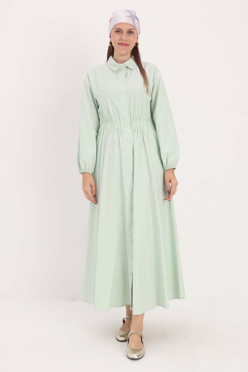 Shirt Collar Snap Waist Elasticized Dress