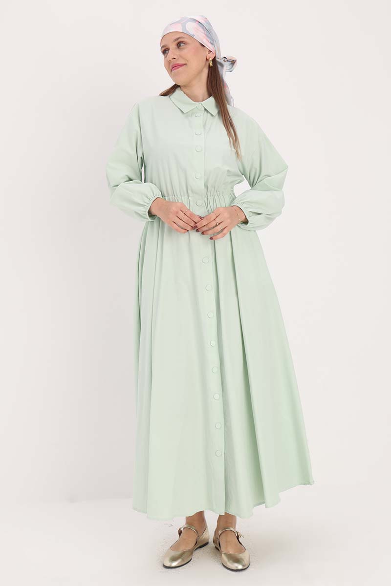 Shirt Collar Snap Waist Elasticized Dress