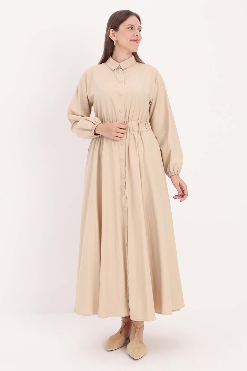 Shirt Collar Snap Waist Elasticized Dress