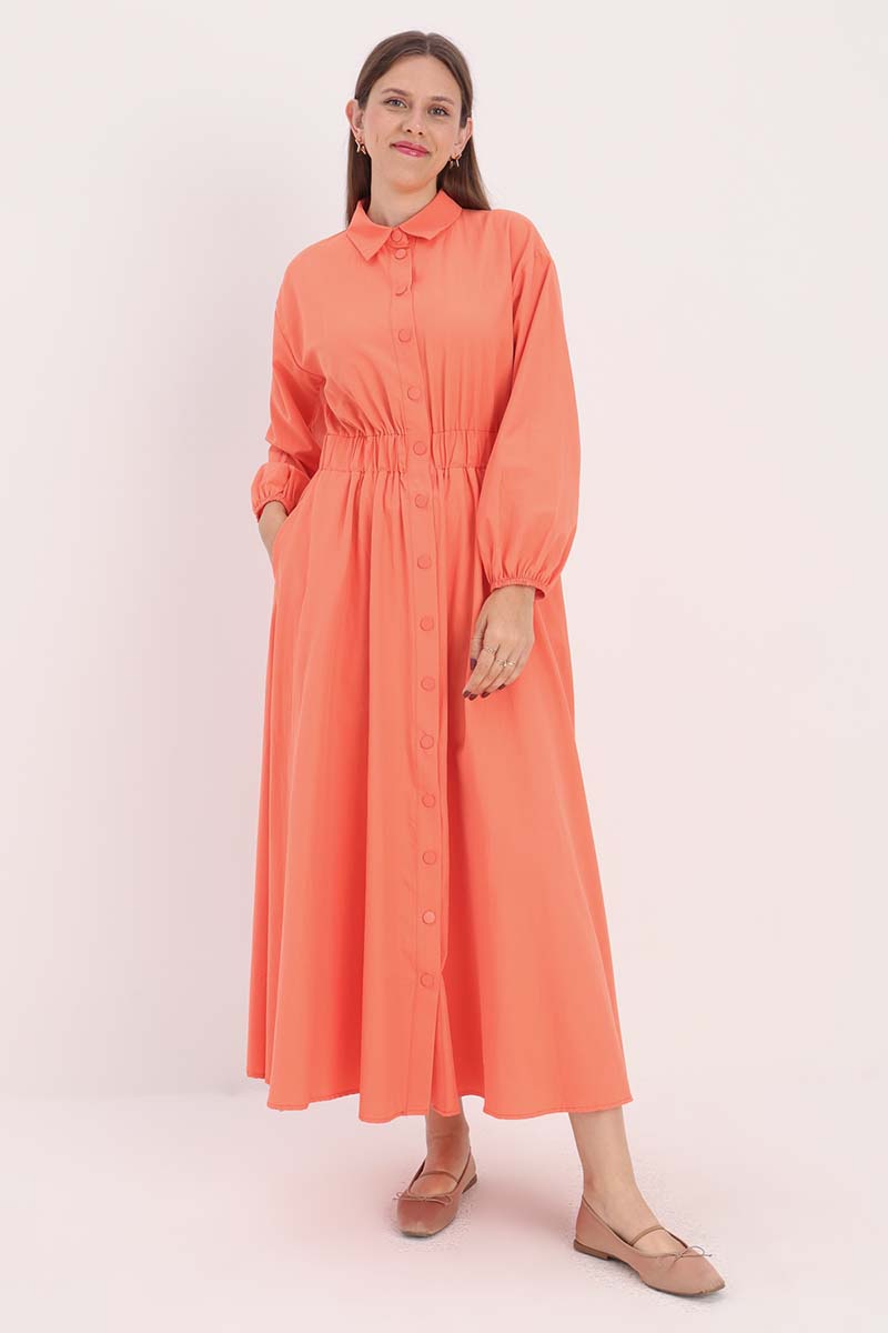 Shirt Collar Snap Waist Elasticized Dress