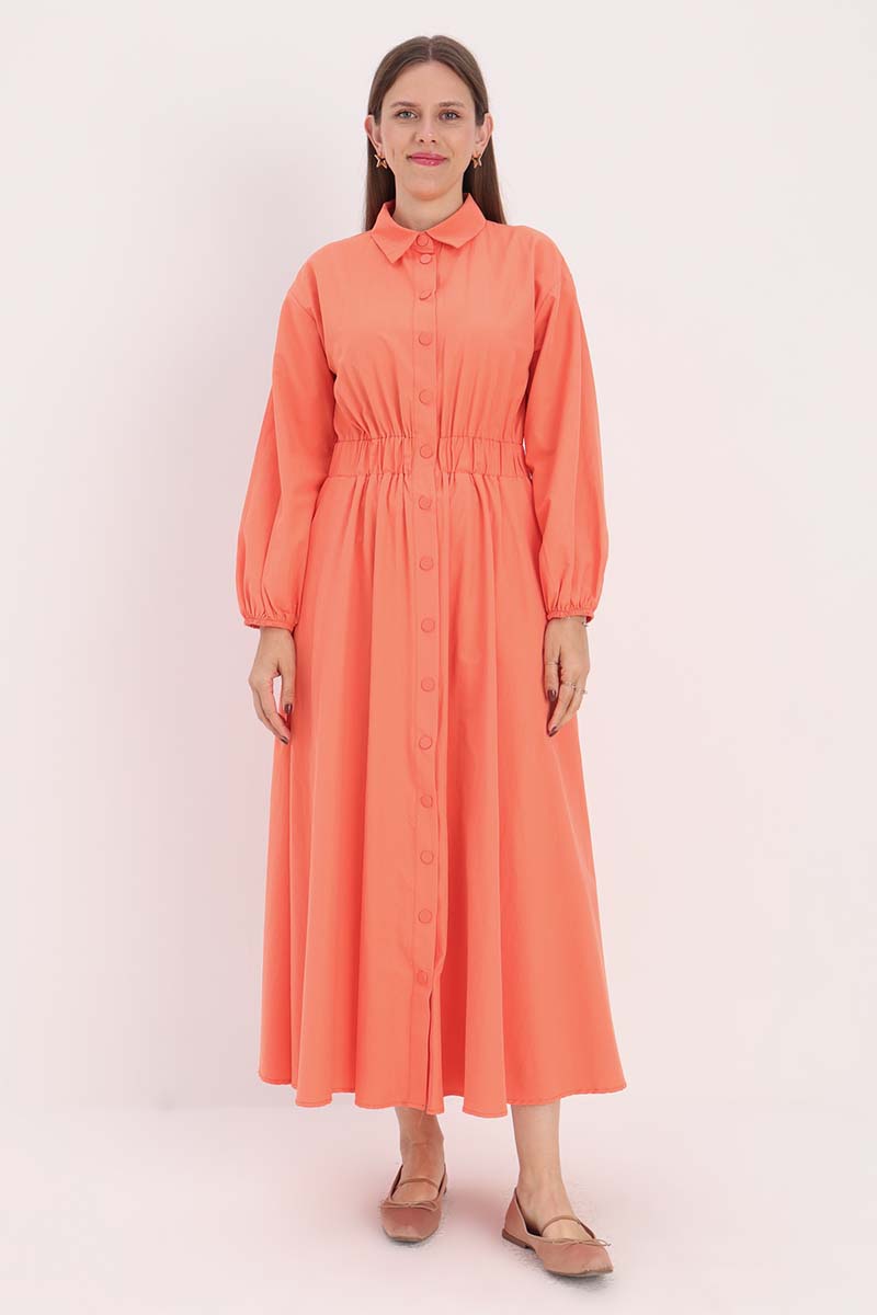 Shirt Collar Snap Waist Elasticized Dress