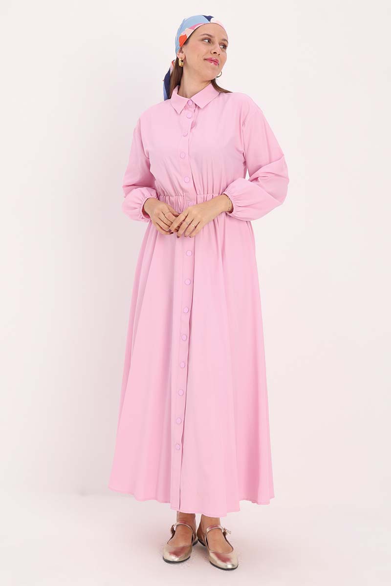 Shirt Collar Snap Waist Elasticized Dress