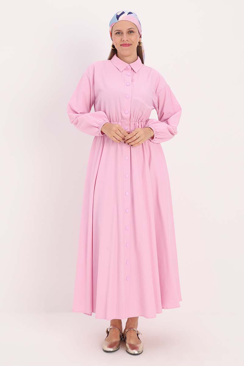 Shirt Collar Snap Waist Elasticized Dress