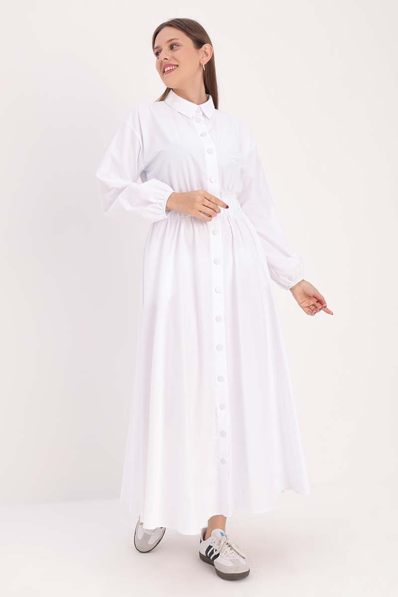 Shirt Collar Snap Waist Elasticized Dress