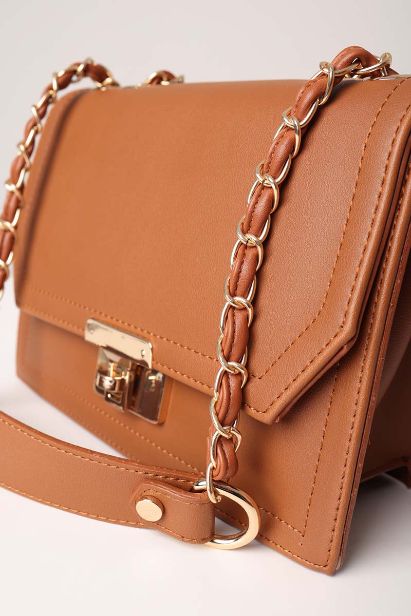 Faux Leather Shoulder Bag with Covered Chain Strap