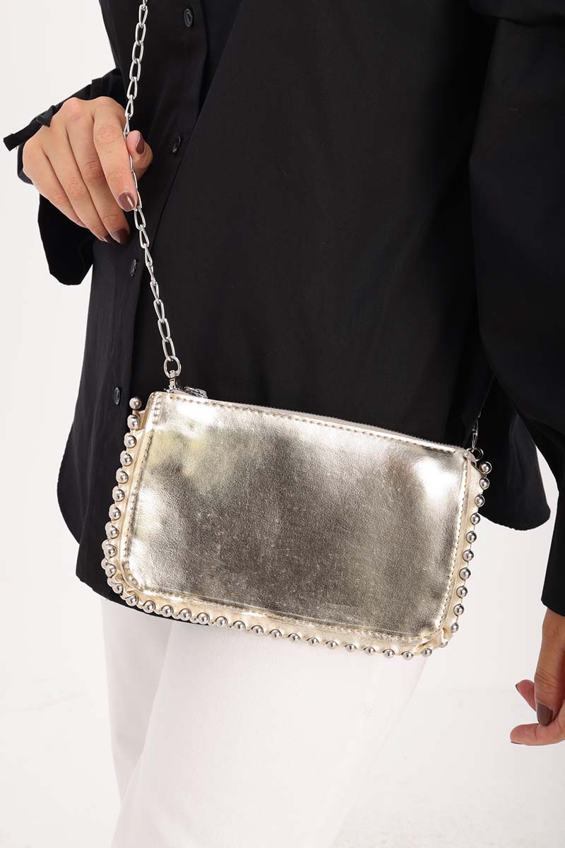 Metal Beaded Multi-Compartment Hand and Shoulder Bag