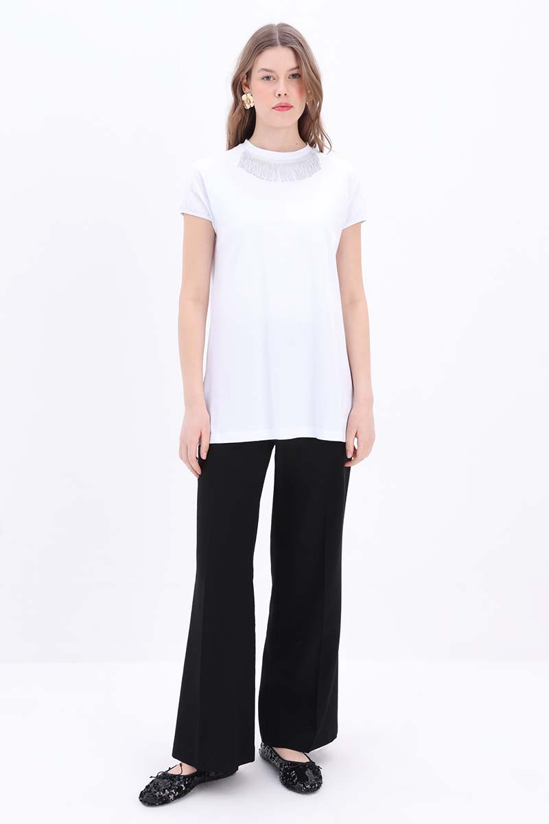 Cotton Short Sleeve T-shirt With Tassel Detail