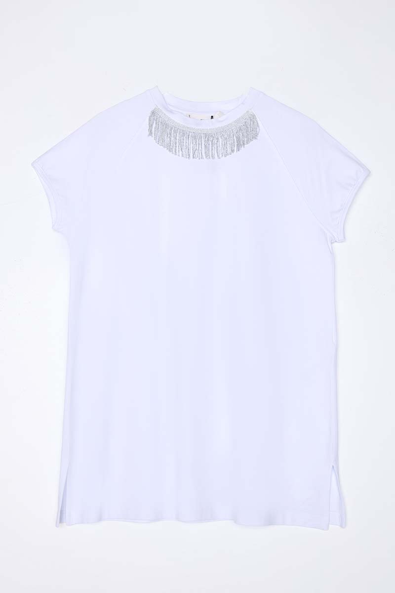 Cotton Short Sleeve T-shirt With Tassel Detail