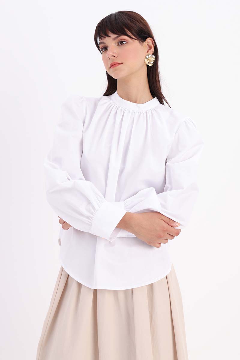 Cotton Blouse With Shirred Collar