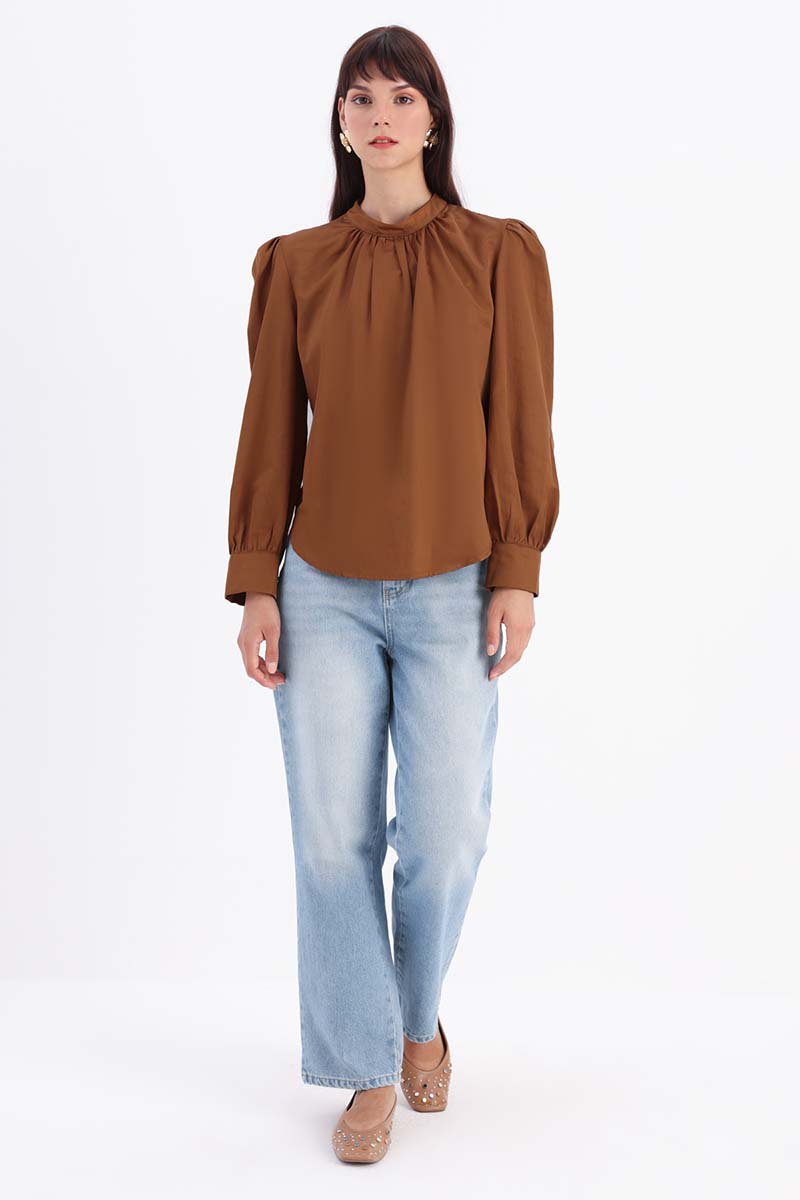 Cotton Blouse With Shirred Collar