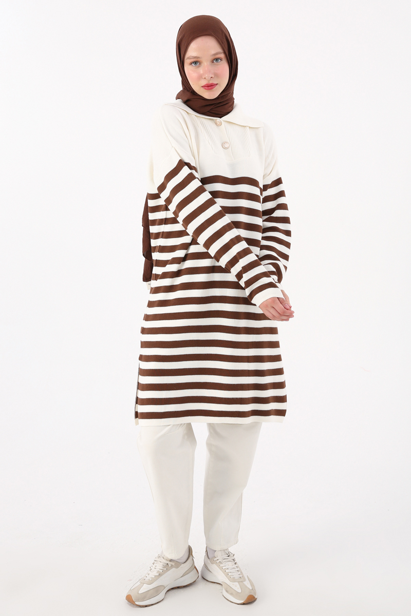 Buttoned Collar Striped Knitwear Tunic