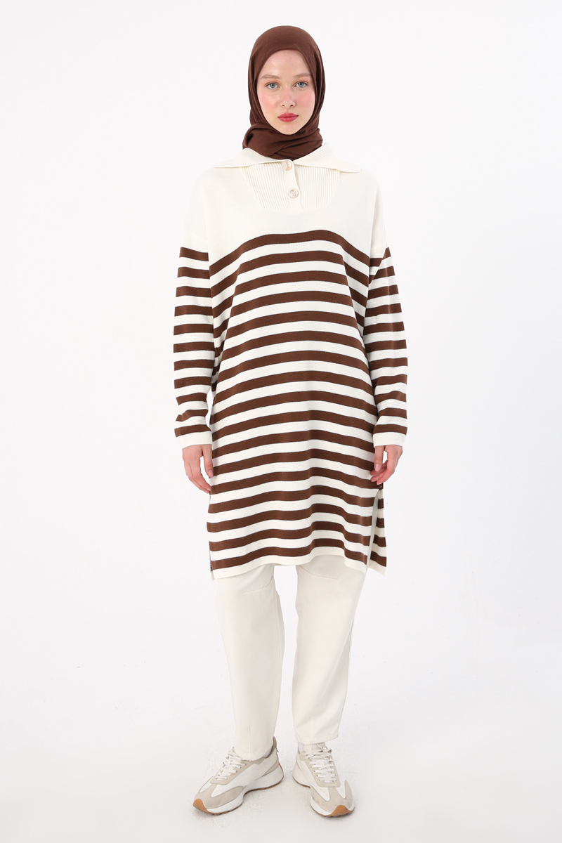 Buttoned Collar Striped Knitwear Tunic