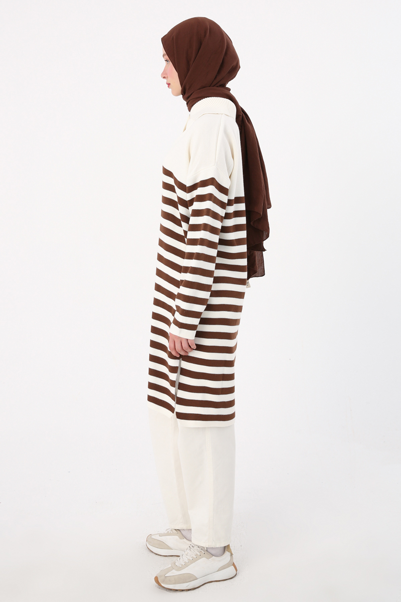 Buttoned Collar Striped Knitwear Tunic