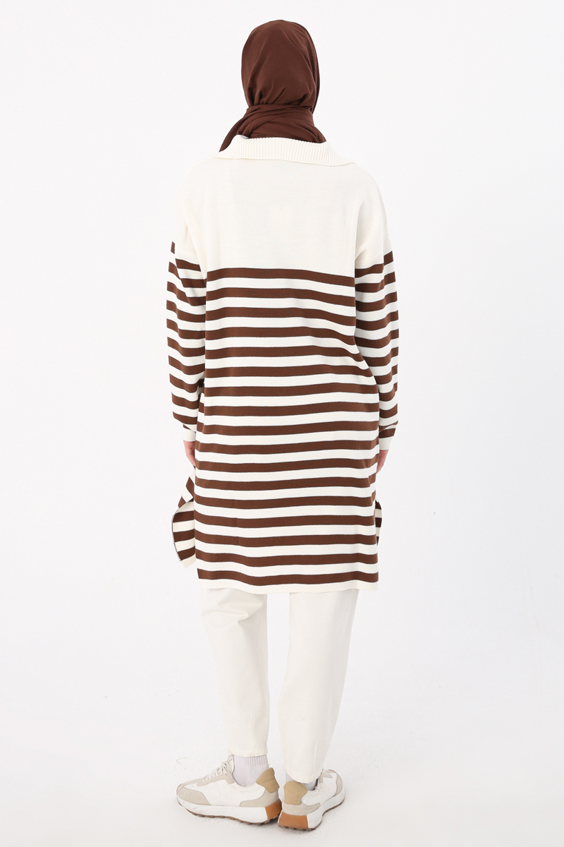 Buttoned Collar Striped Knitwear Tunic