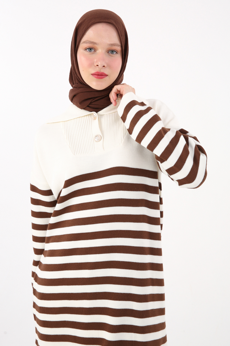 Buttoned Collar Striped Knitwear Tunic