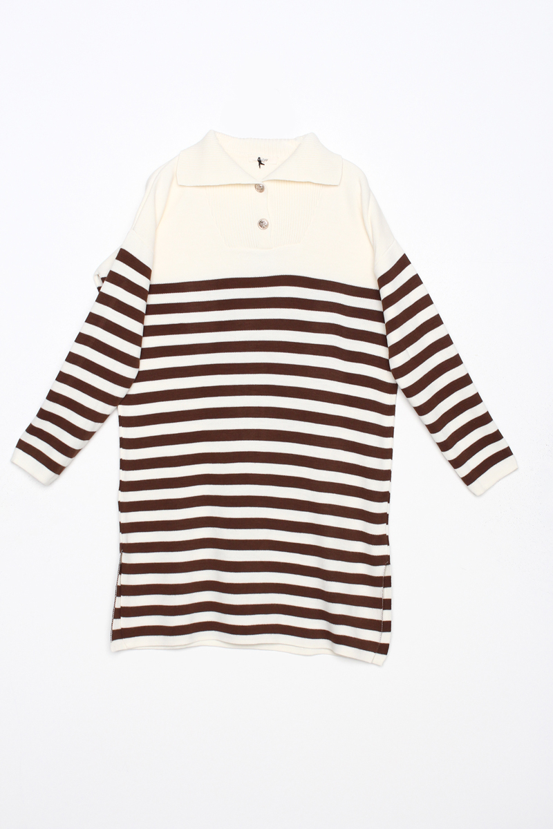 Buttoned Collar Striped Knitwear Tunic